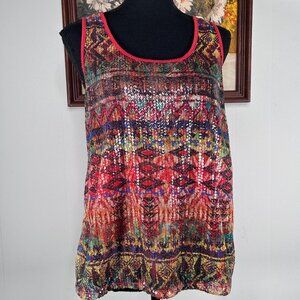 Material Girl Racerback Tank Top Women's XL Red Tribal Sequin Casual